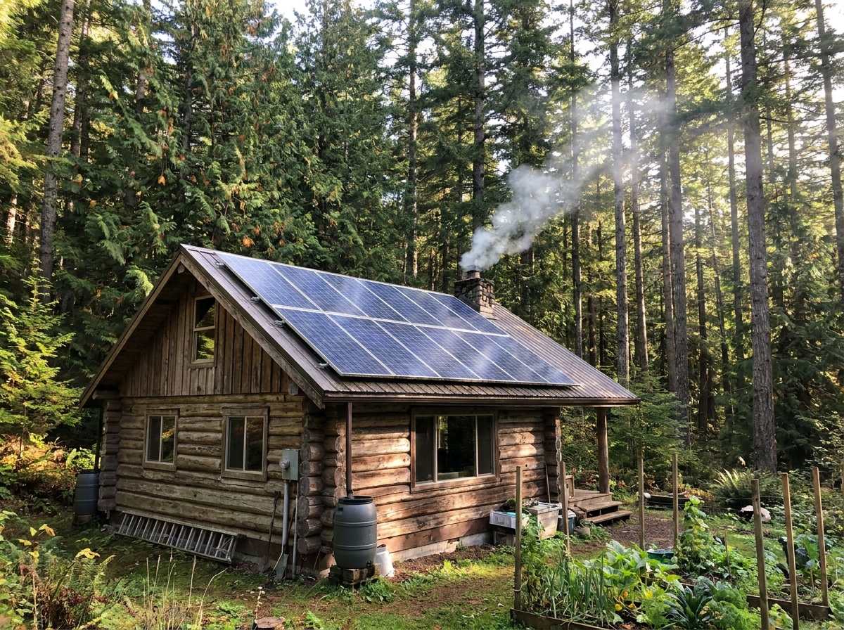 Off-grid wooden cabin with rooftop solar panels surrounded by forest